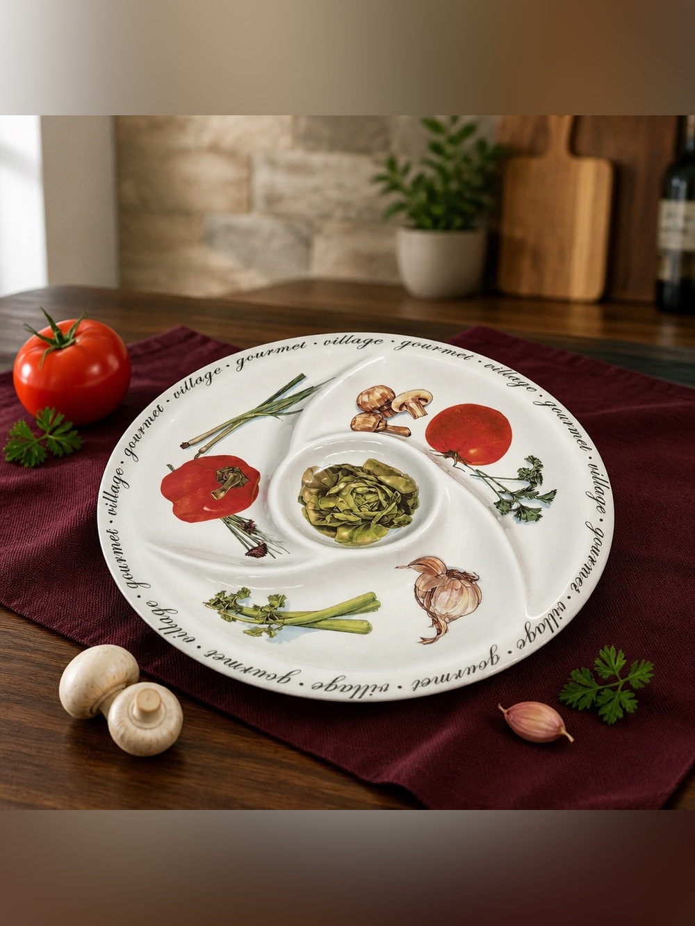 Gourmet du Village ceramic 12 Inch divided chip and dip serving platter.
